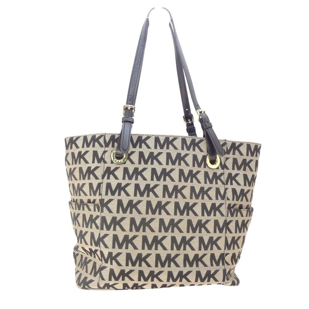 Michael Kors Jet Set East West Tote Large Beige Black Excellent Monogram